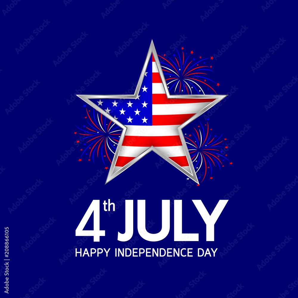 Obraz premium Happy 4th of july, independence day of the usa. Flag in star shape with fireworks celebration. Illustration isolated on blue background.