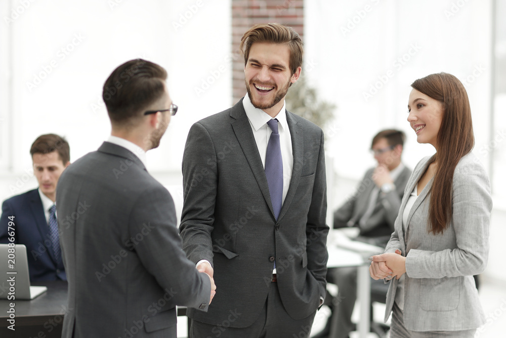 Businesswoman introduce businessman for working at office Businesswoman introduce businessman for working at office