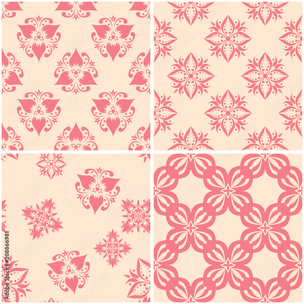 Floral patterns. Set of beige and red seamless backgrounds