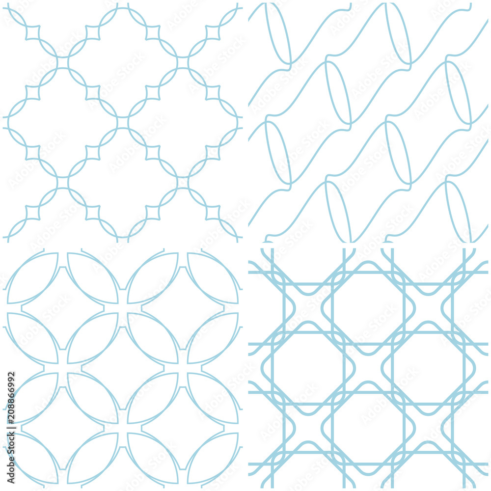 Fototapeta premium Geometric patterns. Set of blue elements on white. Seamless backgrounds