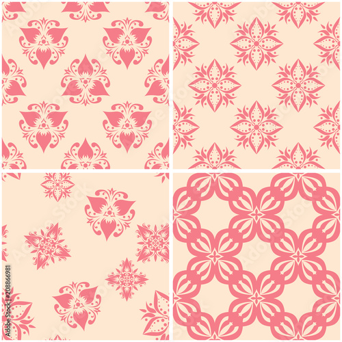 Floral patterns. Set of beige and red seamless backgrounds