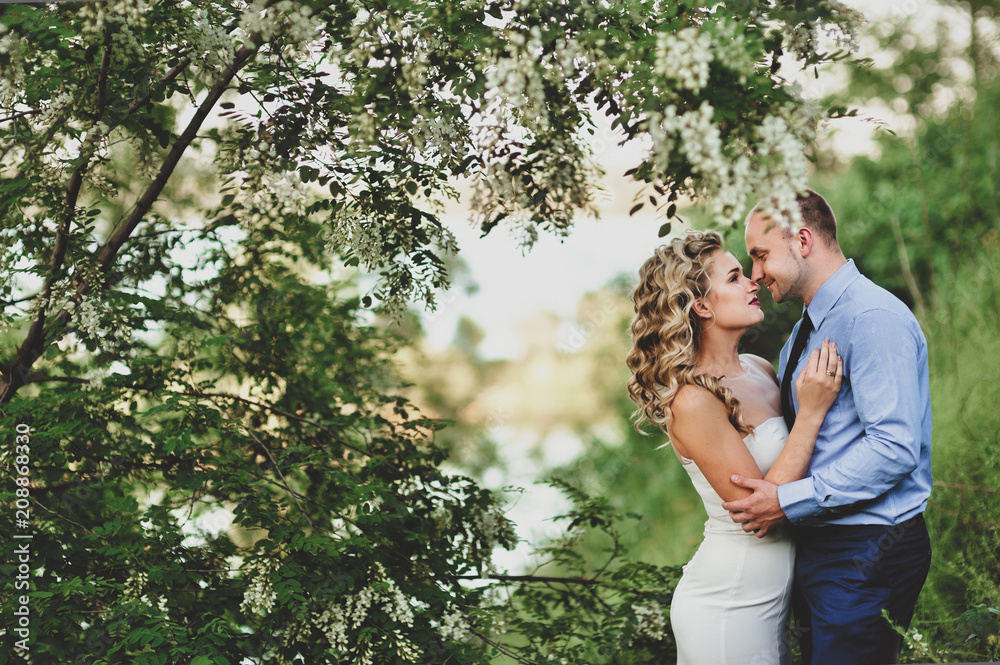 Beautiful newlyweds embrace in green foliage and trees. Wedding in nature. A young bridegroom embraces a sweet bride with curly hair. Portrait of lovers. Beautiful newlyweds embrace in green foliage and trees. Wedding in nature. A young bridegroom embraces a sweet bride with curly hair. Portrait of lovers.