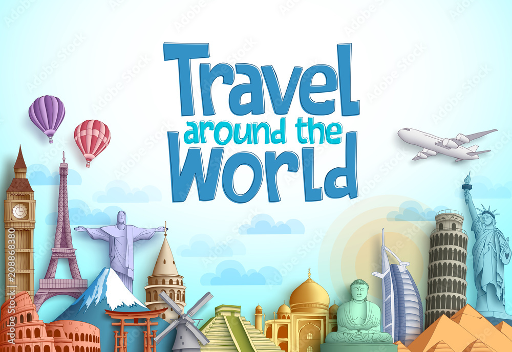 Travel around the world vector background design with famous landmarks and  tourist destination elements in different places for tourism. Vector  illustration. Stock Vector | Adobe Stock