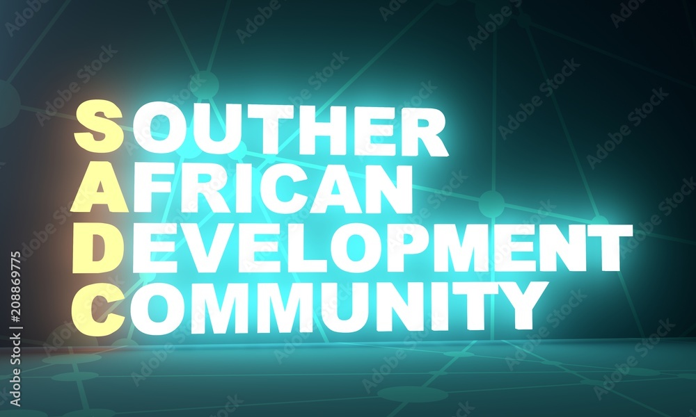 Acronym SADC - Southern African Development Community. Business conceptual image. 3D rendering. Neon bulb illumination. Global teamwork
