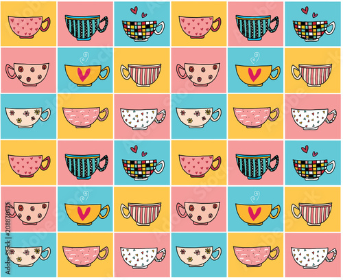 doodle hand drawing coffee cups in different designs on colour vintage background pattern seamless 