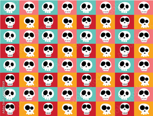 funny white doodle skulls in different characters on vintage bright multicoloured background, pattern seamless background. 