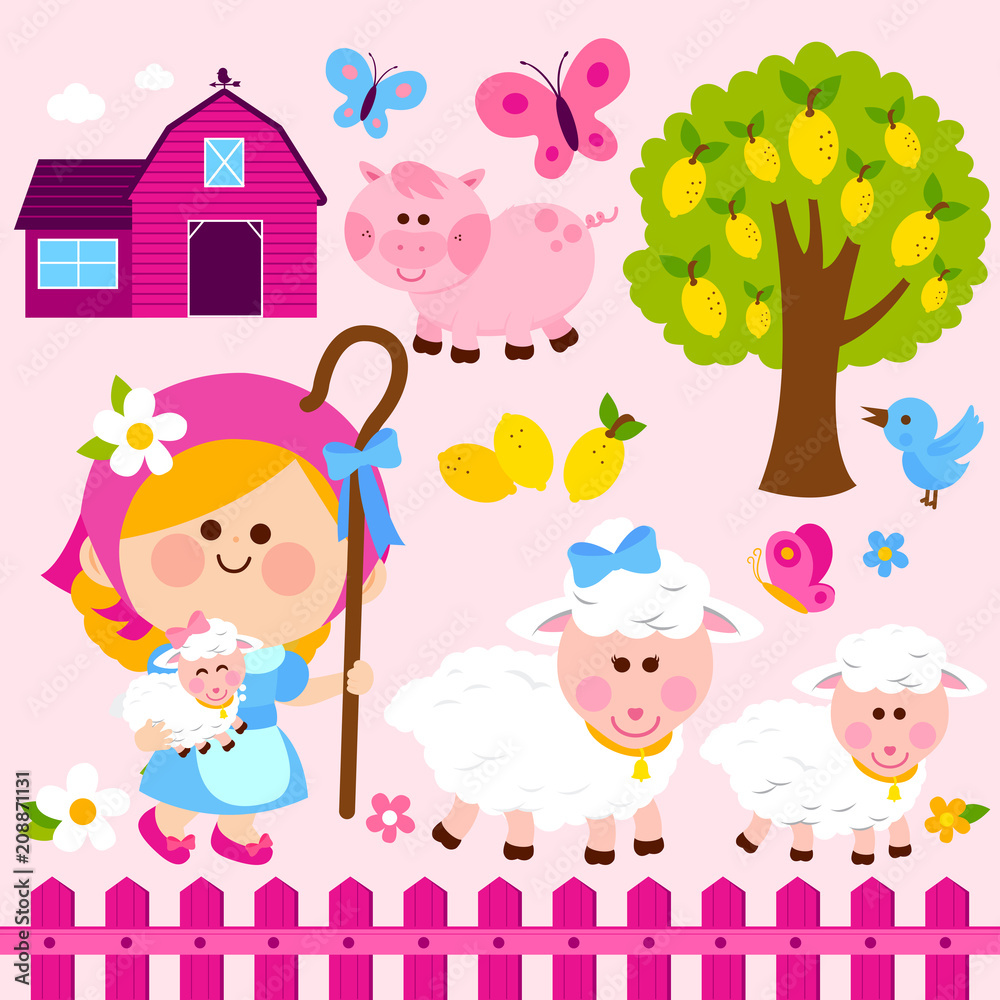 Shepherdess girl and animals at the farm. Vector illustration collection Shepherdess girl and animals at the farm. Vector illustration collection