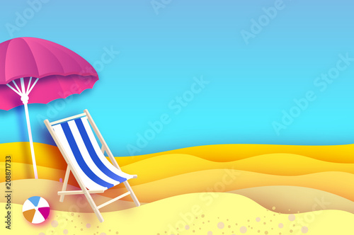 Pink parasol - umbrella in paper cut style. Blue Chaise lounge. Origami sea and beach. blue sky. Vacation and travel concept.