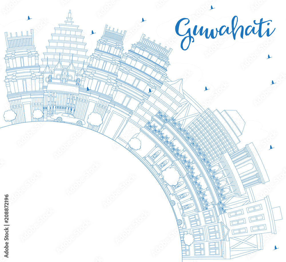 Outline Guwahati India City Skyline with Blue Buildings and Copy Space.