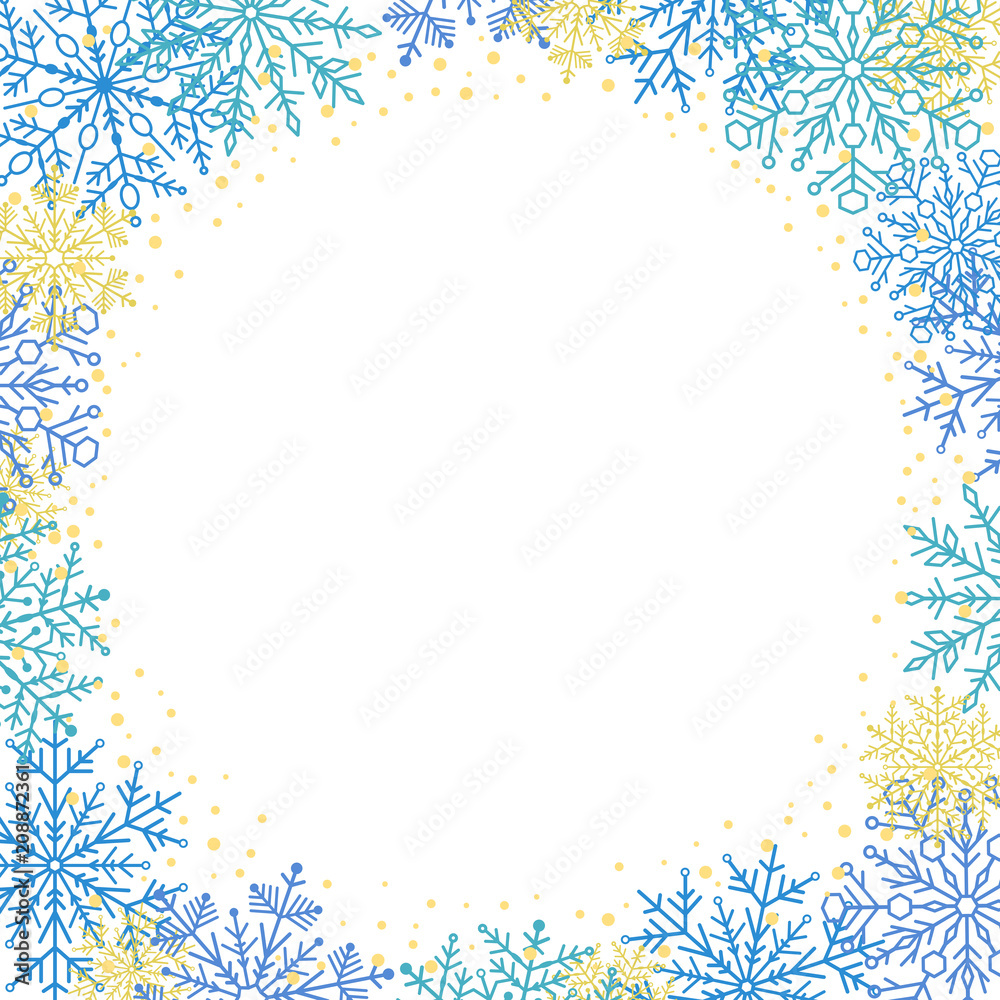 Fototapeta premium Winter frame with arabesques and snowflakes. Fine greeting card. Pattern with snowflakes