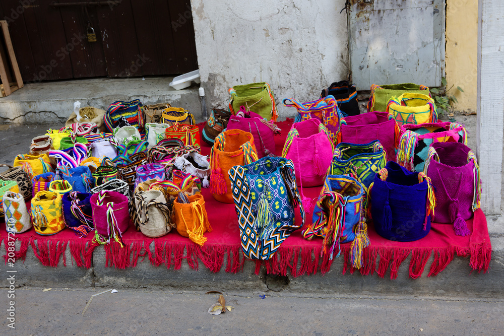 Cartagena, Colombia, Colombian souvenir bags. Popular bag-bags (Mochila)  with a long beach-type handle made of fabric, tightened with a rope. Stock  Photo | Adobe Stock