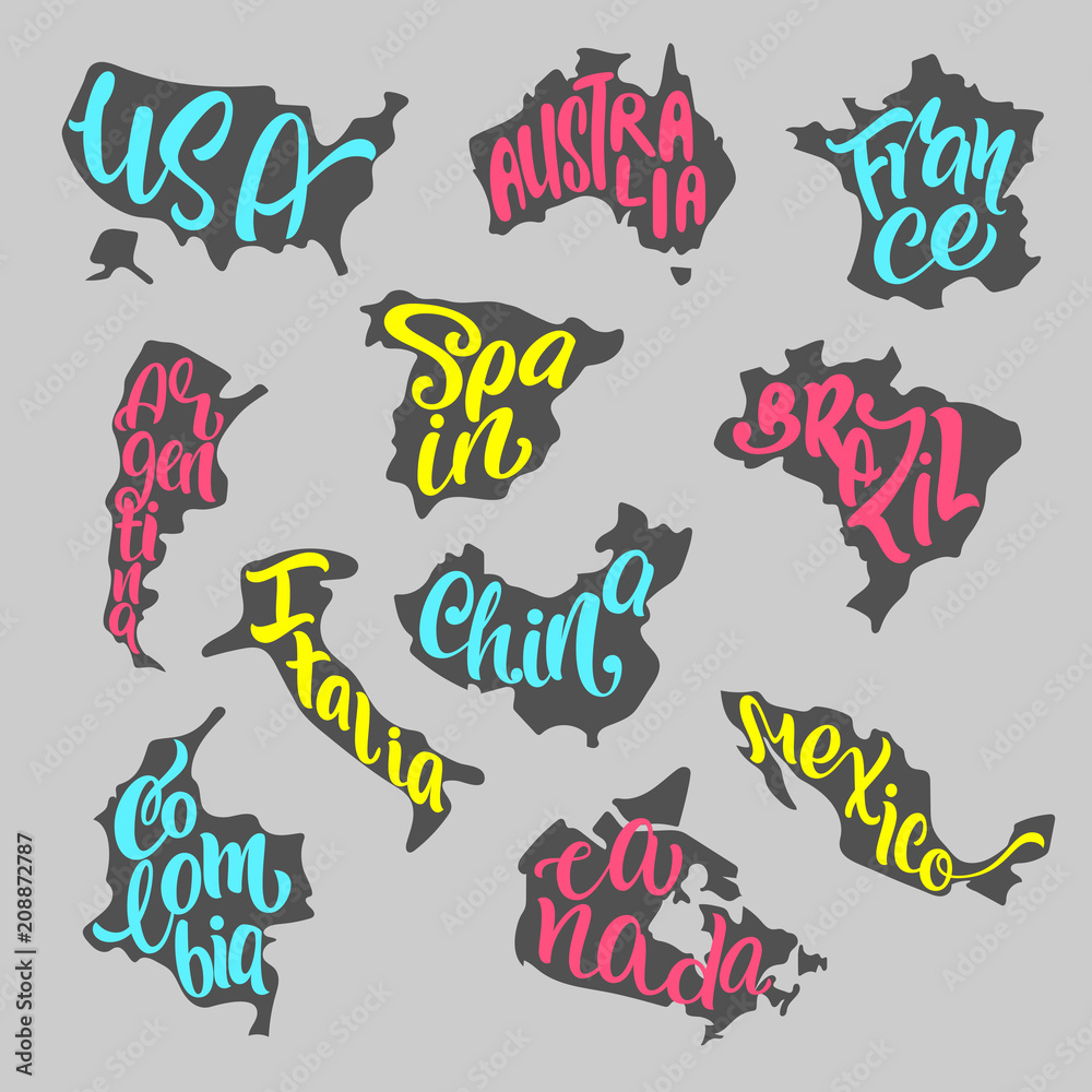 Handwritten lettering with country names inscribed in the silhouettes of maps. USA, Australia, France, Spain, Brazil, Italy, Argentina, Canada, Colombia, Mexico, China. r