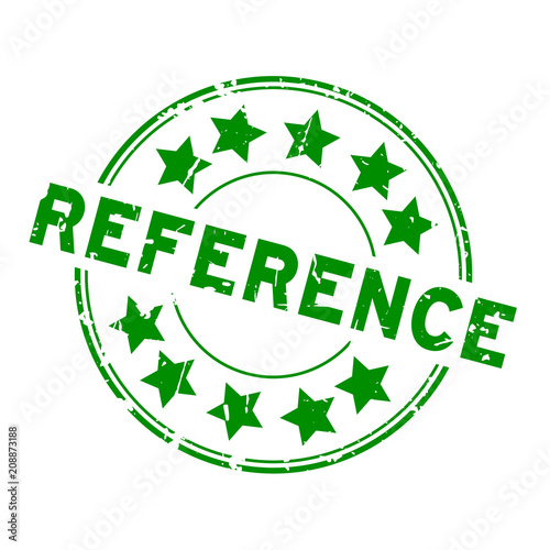 Grunge green reference word with star icon round rubber seal stamp on white background
