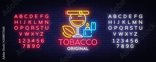 Tobacco shop logo vector. Cigarettes Shop night bright advertising design template. Vector illustration. Editing text neon sign