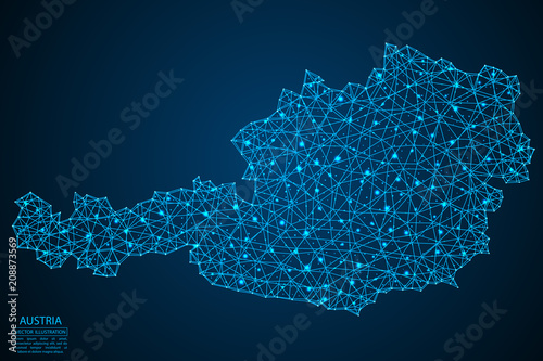 A map of Austria consisting of 3D triangles, lines, points, and connections. Vector illustration of the EPS 10.