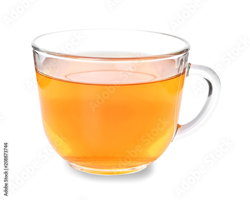 Cup of hot tea on white background