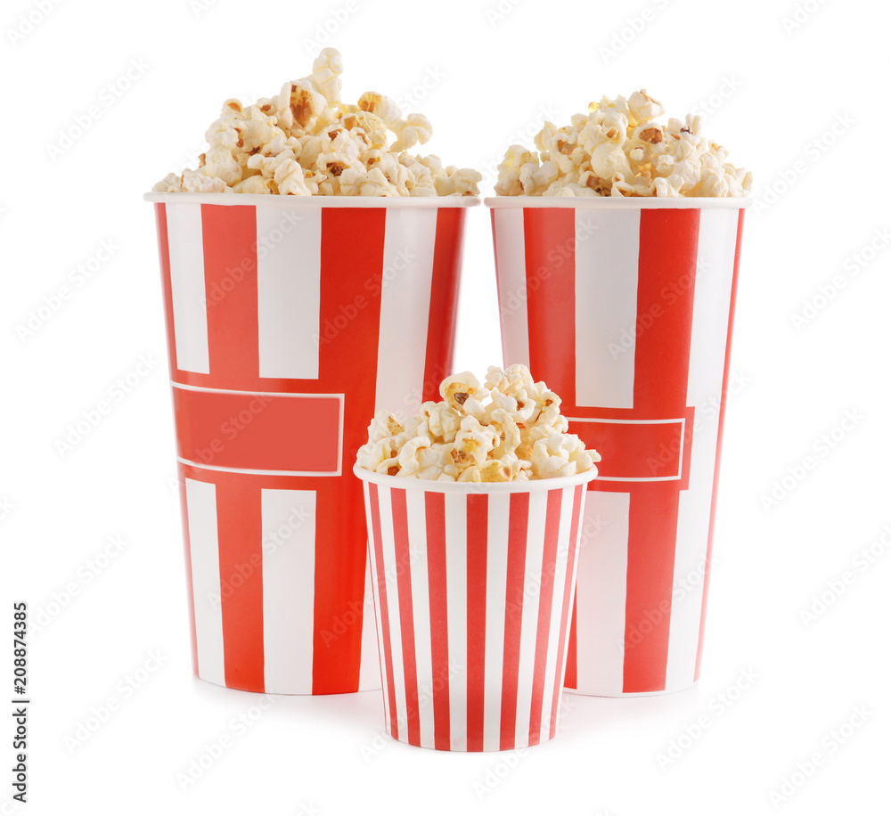Cups with tasty popcorn on white background Cups with tasty popcorn on white background