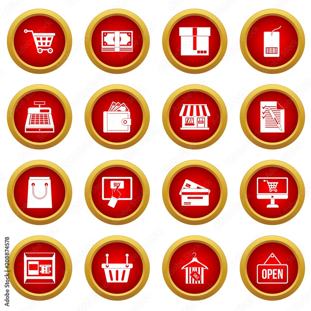 Shopping icon red circle set isolated on white background Shopping icon red circle set isolated on white background
