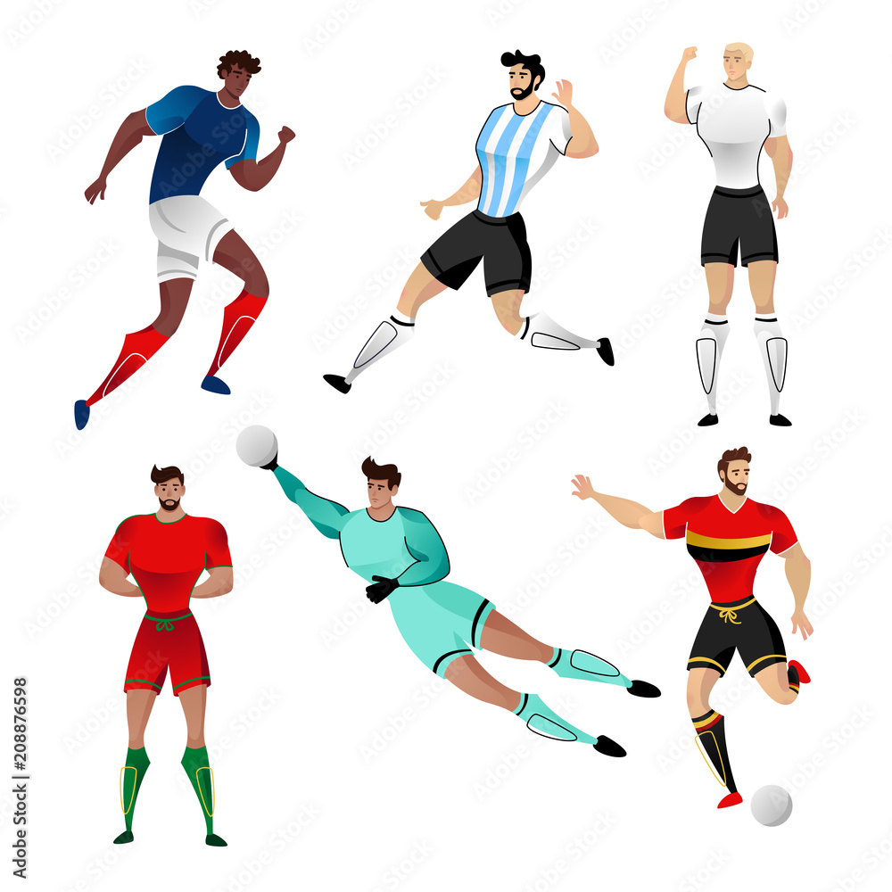 Football players from France, Argentina, Germany, Spain, Portugal and Belgium isolated on a white background. Colorful  illustration of soccer players. Vector illustration of goalkeeper.