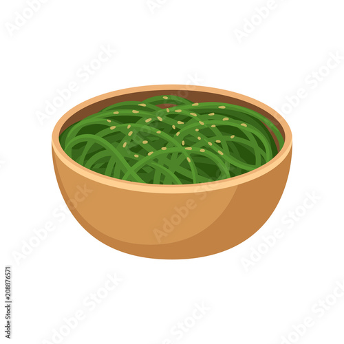 Green noodles in brown ceramic bowl. Traditional dish of Japanese cuisine. Asian food. Flat vector for recipe book, menu or promo banner