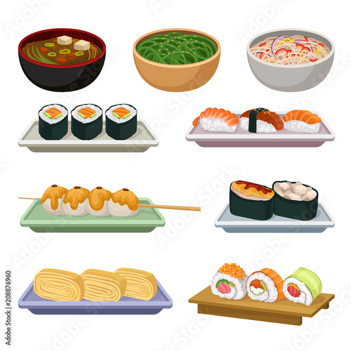 Flat vector set of traditional Japanese food. Soups, rice balls on wooden stick and different kinds of sushi. Delicious Asian dishes