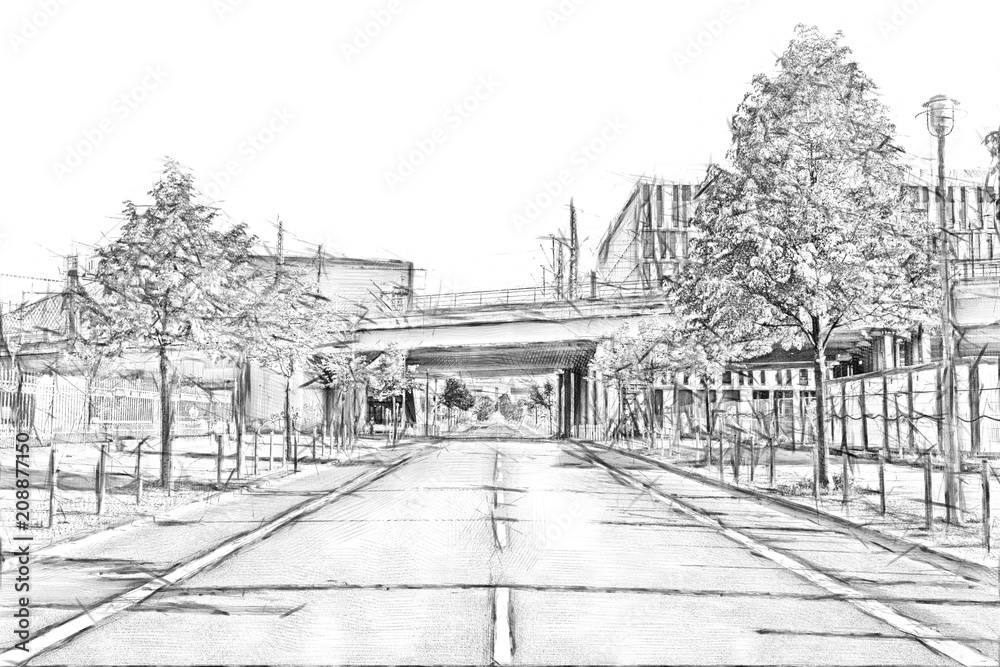 Train bridge across an empty street in downtown Berlin - Pencil sketch drawing