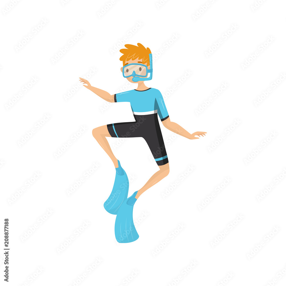 Teenager boy engaged snorkeling in sea. Young guy in diving suit, flippers and mask with tube. Flat vector desing Teenager boy engaged snorkeling in sea. Young guy in diving suit, flippers and mask with tube. Flat vector desing