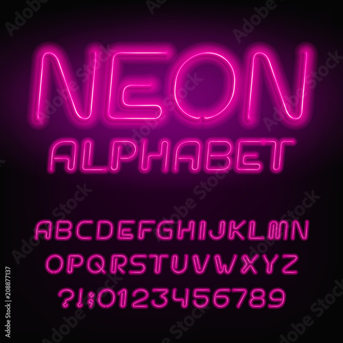 Neon tube alphabet font. Neon color letters and numbers. Retro vector typeface for your design.