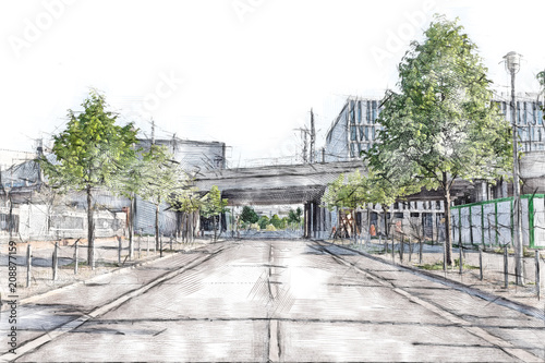Train bridge across an empty street in downtown Berlin - Color pencil sketch drawing