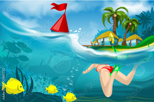 Scuba diving girl with underwater view