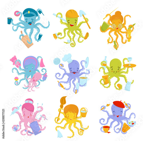 Flat vector set of colorful octopuses of different professions. Marine creatures with eight tentacles. Icons for kids about career