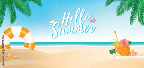 Beach banner background with hello summer text