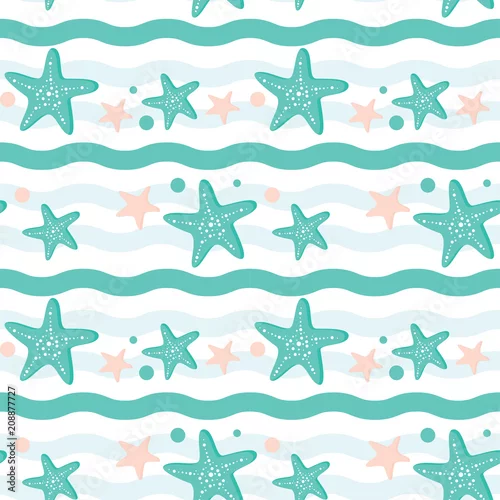 Tapety Rozgwiazdy i fala ilustracyjny bezszwowy lato wzór dla tła w pastelowych kolorach