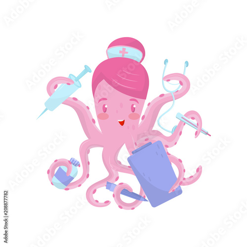 Doctor or nurse octopus with medical items in tentacles. Cartoon character of cute marine animal. Flat vector icon