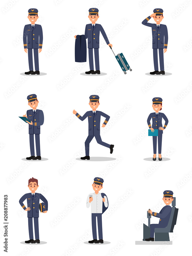 Naklejka Flat vector set with pilot in different actions. Captain of passenger airplane. Young man and woman in uniform