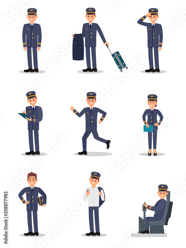 Flat vector set with pilot in different actions. Captain of passenger airplane. Young man and woman in uniform