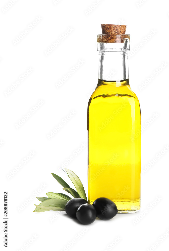 Fresh olive oil in jug and black olives on white background Fresh olive oil in jug and black olives on white background
