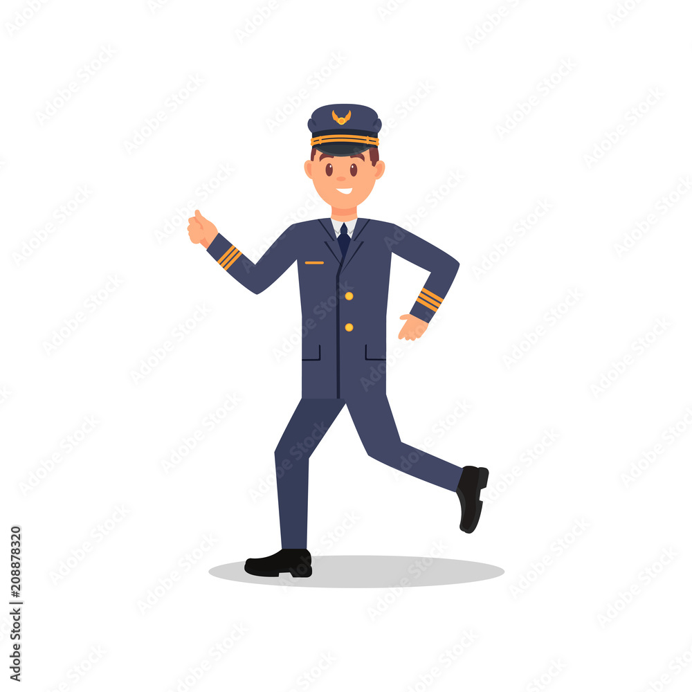 Young pilot of airplane in running action. Professional aviator in working uniform. Isolated flat vector design