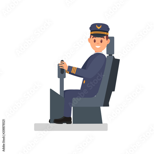 Smiling man sitting on captain s chair. Professional pilot of passenger plane. Isolated flat vector illustration