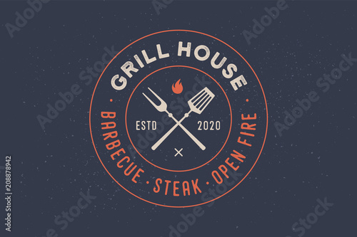 Logo for Grill House restaurant with grill fork, text typographic Grill House, Barbecue, Steak, Open Fire. Graphic template for restaurant, bar, cafe, food court and menu, label. Vector Illustration