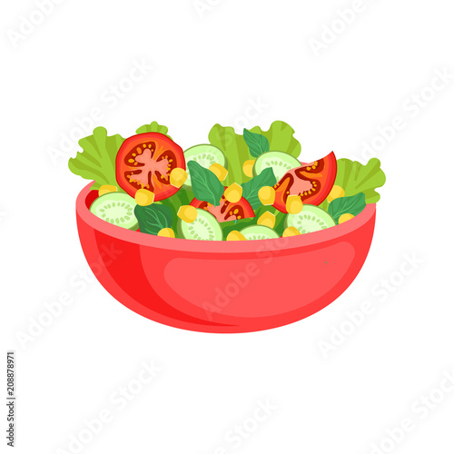 Fresh vegetable salad in red ceramic bowl. Dish from organic products. Healthy nutrition. Flat vector design