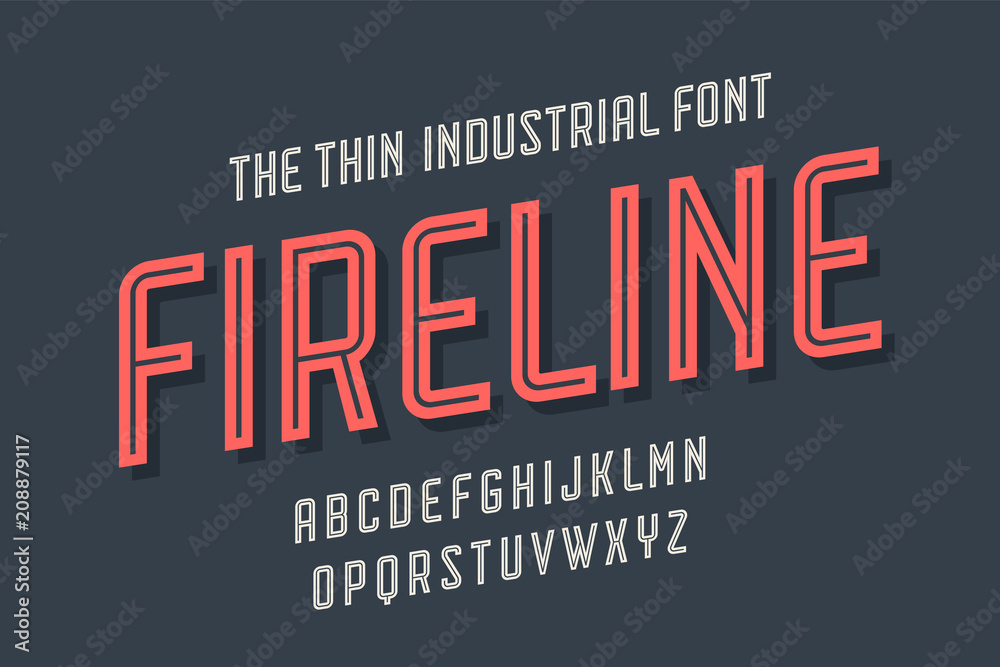 Alphabet and font Fire Line. Bold, regular and medium uppercase letters. Strong trendy industrial inline condensed font for creative design, advertising, typographic. Vector Illustration
