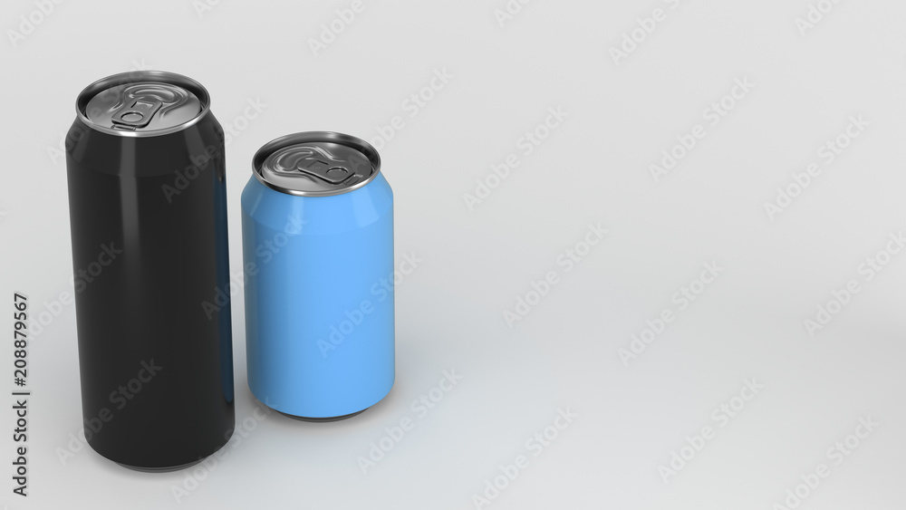 Big black and small blue aluminum soda cans mockup