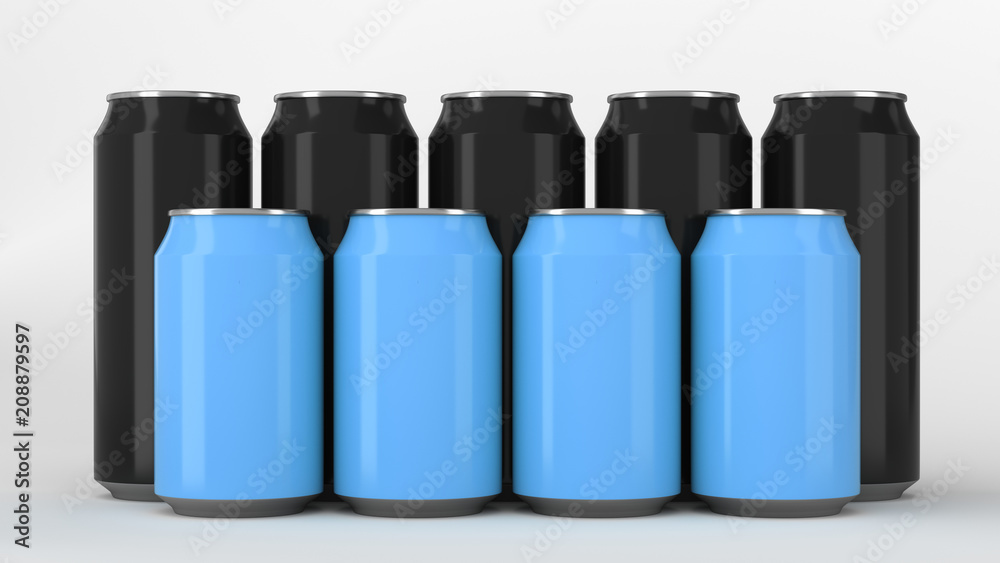  Black and blue soda cans standing in two raws on white background