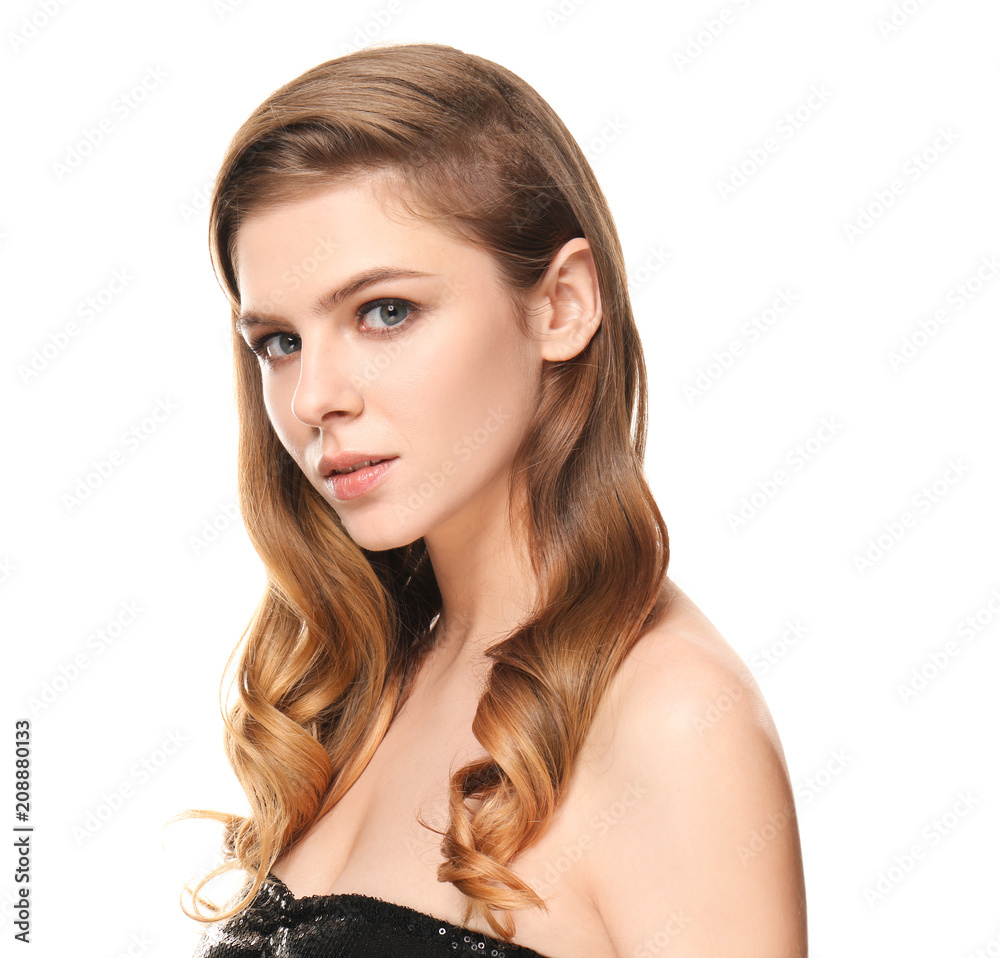 Portrait of young woman with beautiful makeup on white background. Professional cosmetics Portrait of young woman with beautiful makeup on white background. Professional cosmetics