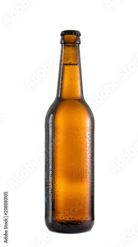 Glass bottle of cold beer on white background