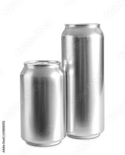 Aluminum cans of cold beer on white background