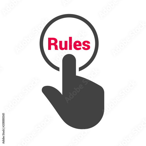 Hand presses the button with text "Rules"