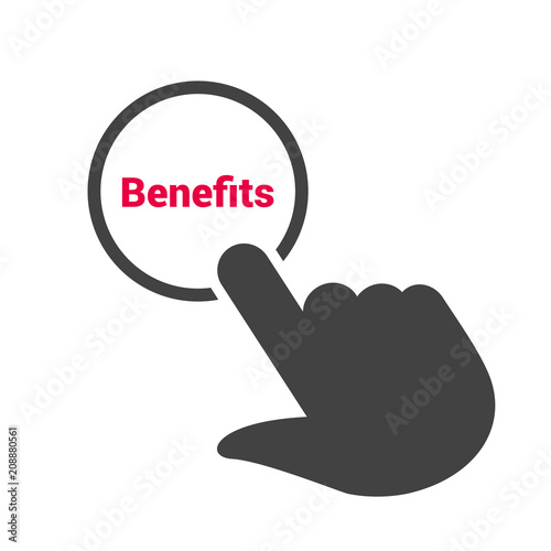 Hand presses the button with text "Benefits"