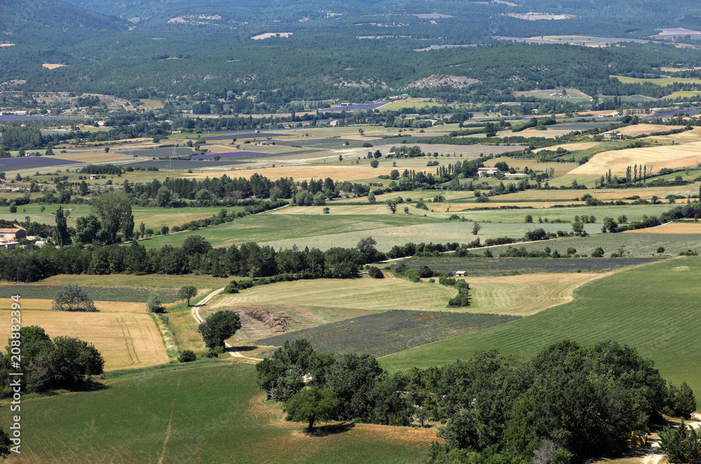 Patchwork of Farmer's fields in valley below Sault, Provence France